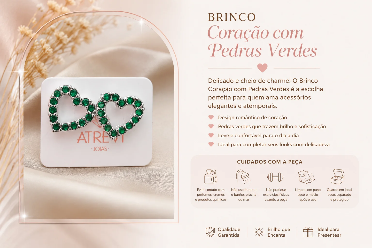 Brinco Coração com Pedras Verdes