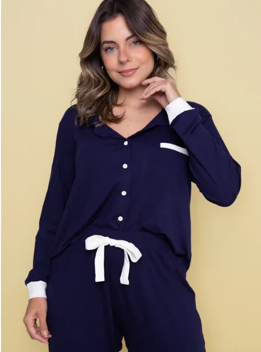 Pijama Feminino Americano Longo Off Marinho