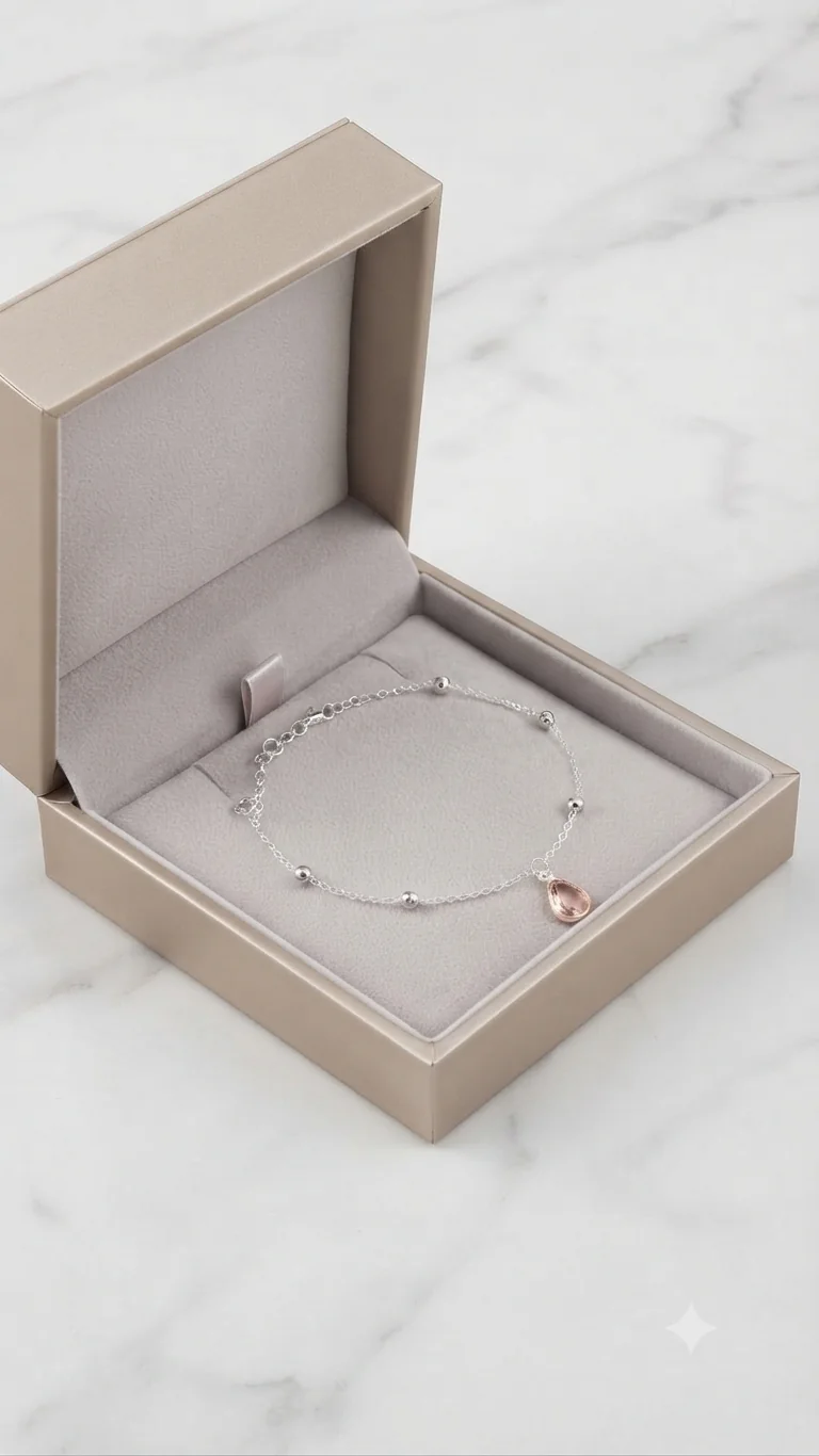 Pulseira Prata com Bolinhas e Pingente de Zircônia Gota Rosa Claro