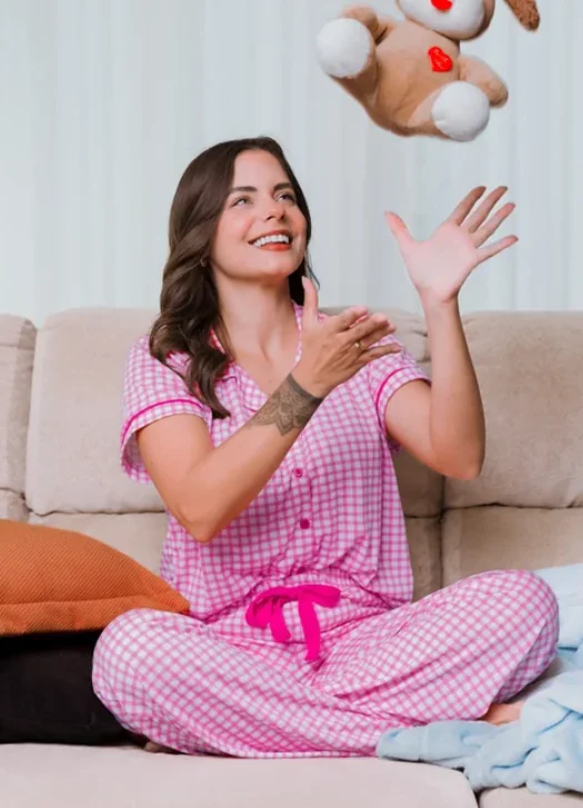 Pijama Americano Longo Xadrez Rosa