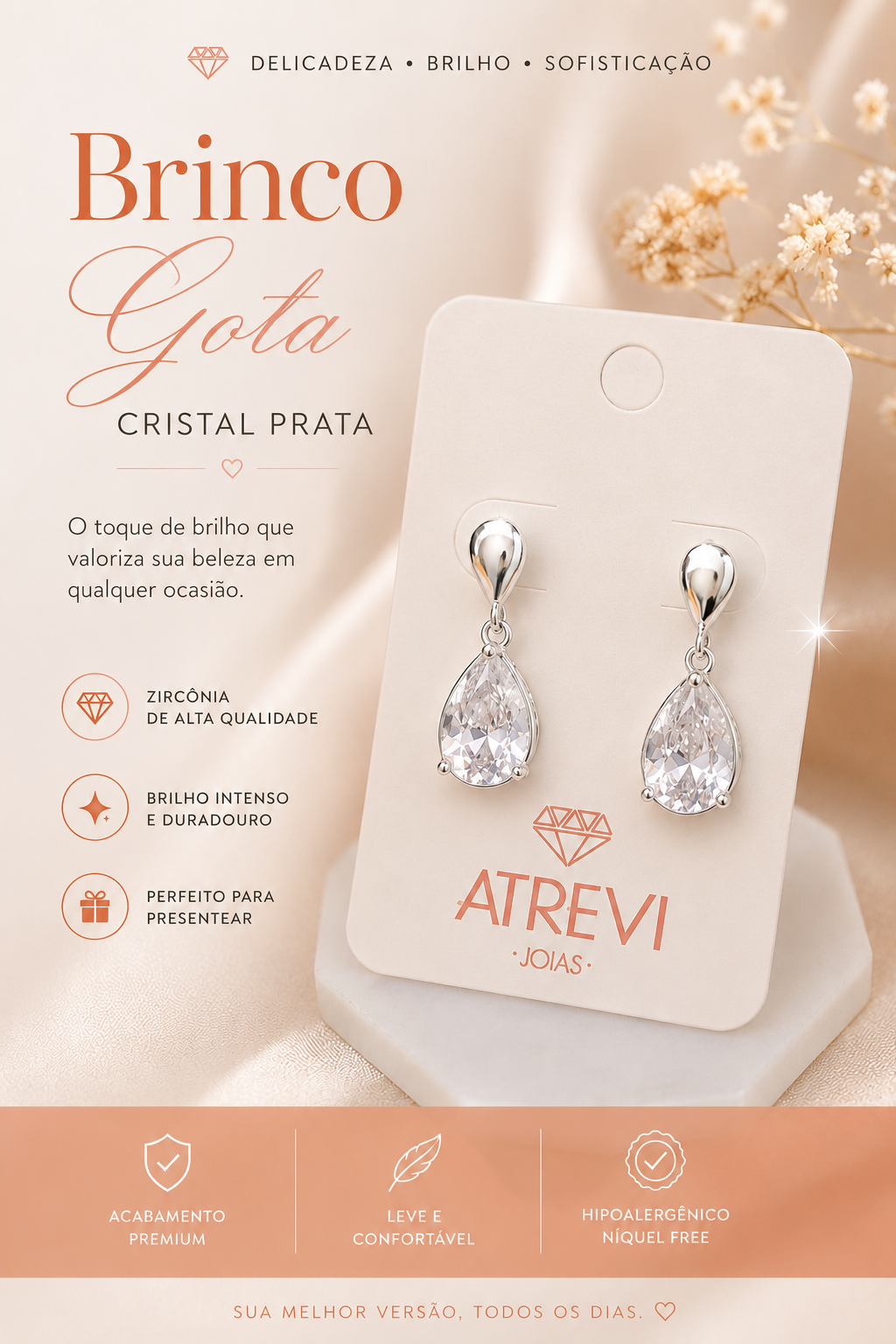Brinco Gota Cristal Prata