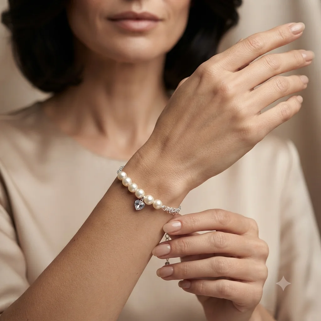 Pulseira Romântica Pérolas com Pingente Coração de Cristal